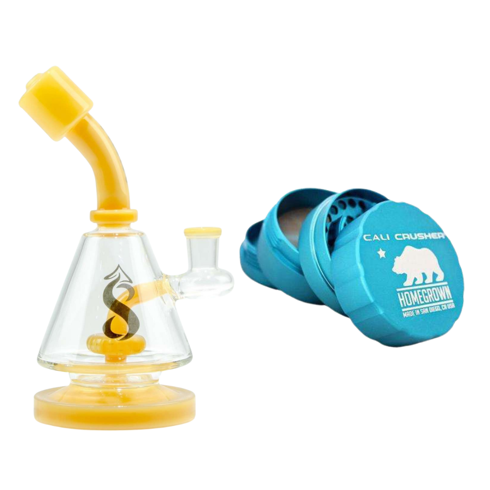 Bent Neck Platform Dab Rig + Cali Crusher 4-Piece Large Grinder (Bundle Pack of 2)